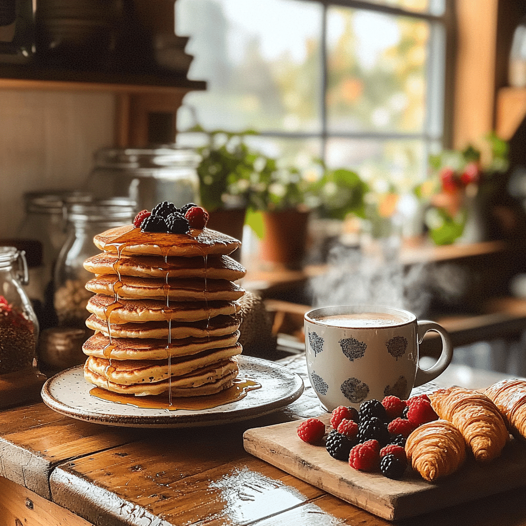 Breakfast Bliss – rustic breakfast table with cozy pastries and coffee