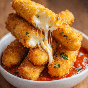 Crispy air fryer mozzarella sticks with marinara sauce