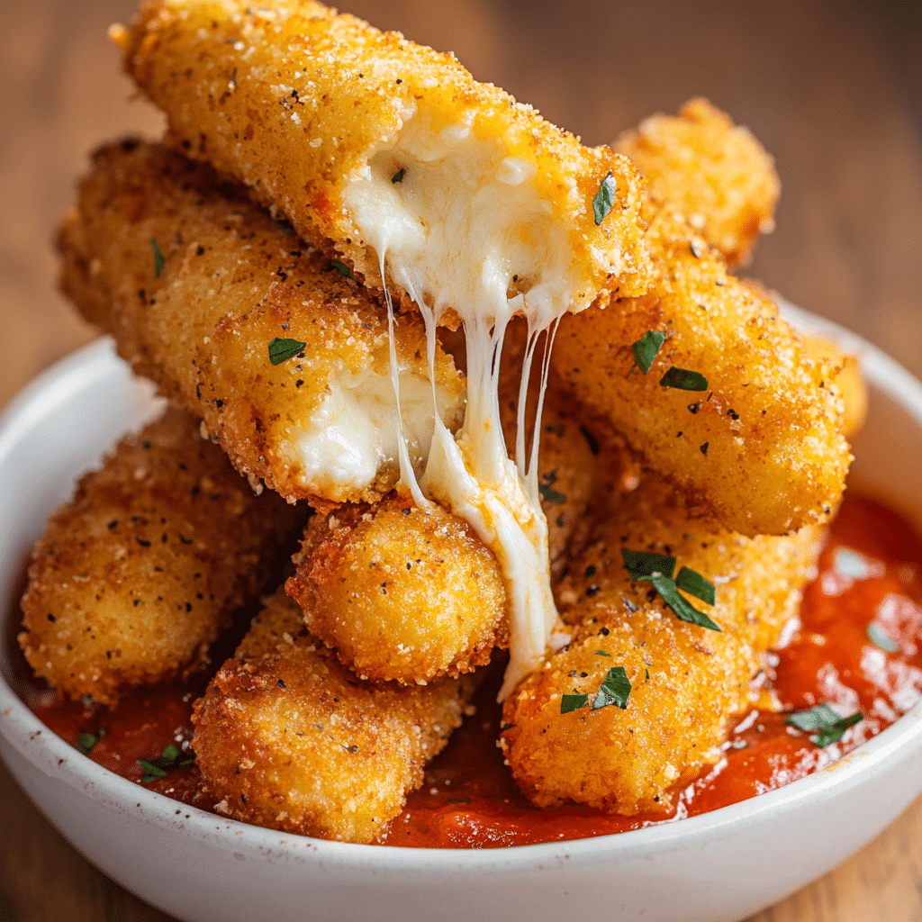 Crispy air fryer mozzarella sticks with marinara sauce