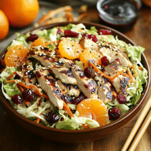 Asian chicken cranberry salad in a large bowl with dressing