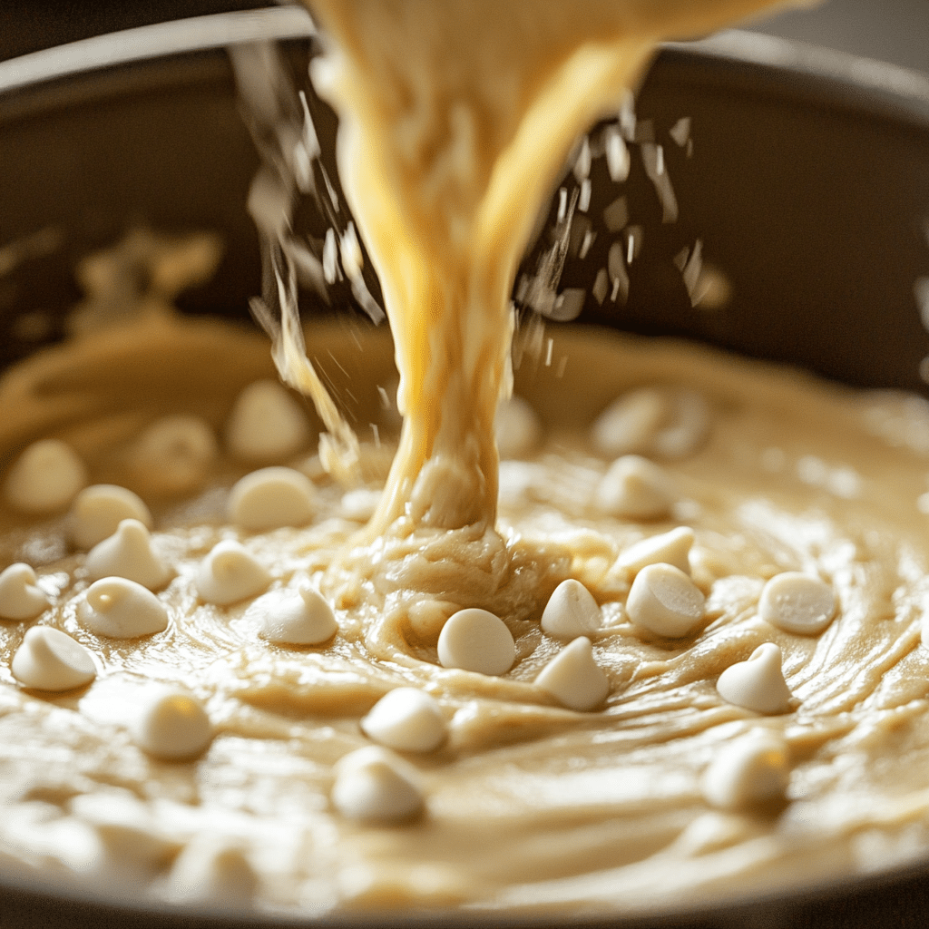 Indulge in a Mouthwatering Banana White Chocolate Caramel Cake Recipe 11 banana white chocolate caramel cake batter with being poured into pan