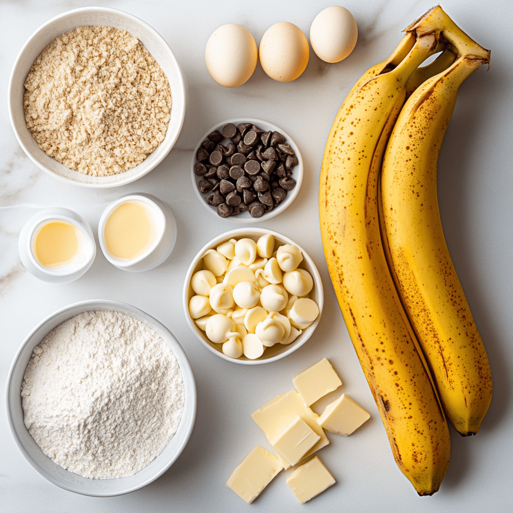 Indulge in a Mouthwatering Banana White Chocolate Caramel Cake Recipe 10 Ingredients for banana white chocolate caramel cake laid out