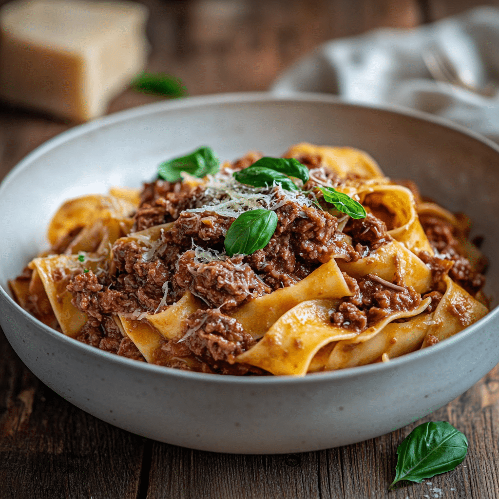 Beef Ragu Pasta served in a bowl with basil and Parmesan