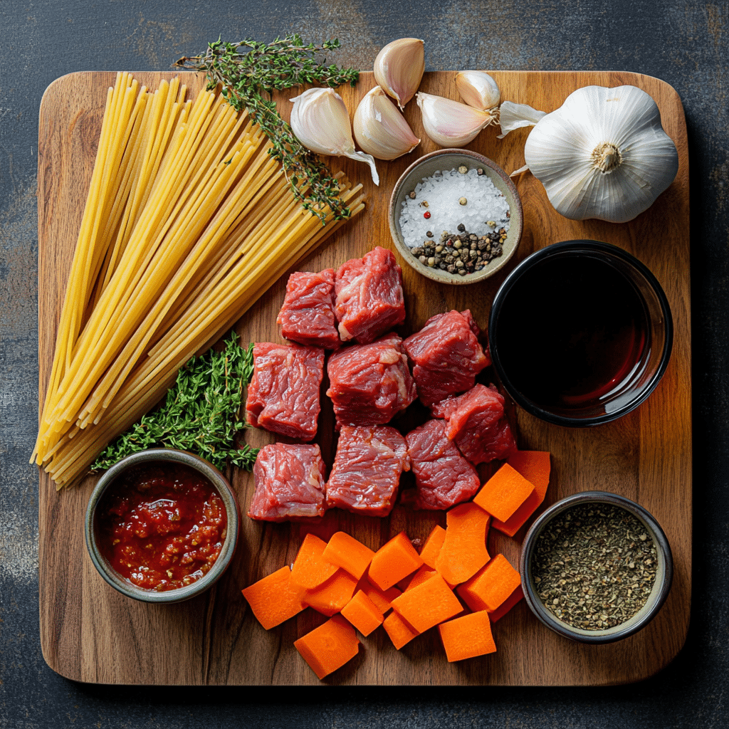 Irresistible Beef Ragu Pasta Recipe for a Delicious Italian Dinner 10 Ingredients for Beef Ragu Pasta laid out on kitchen board