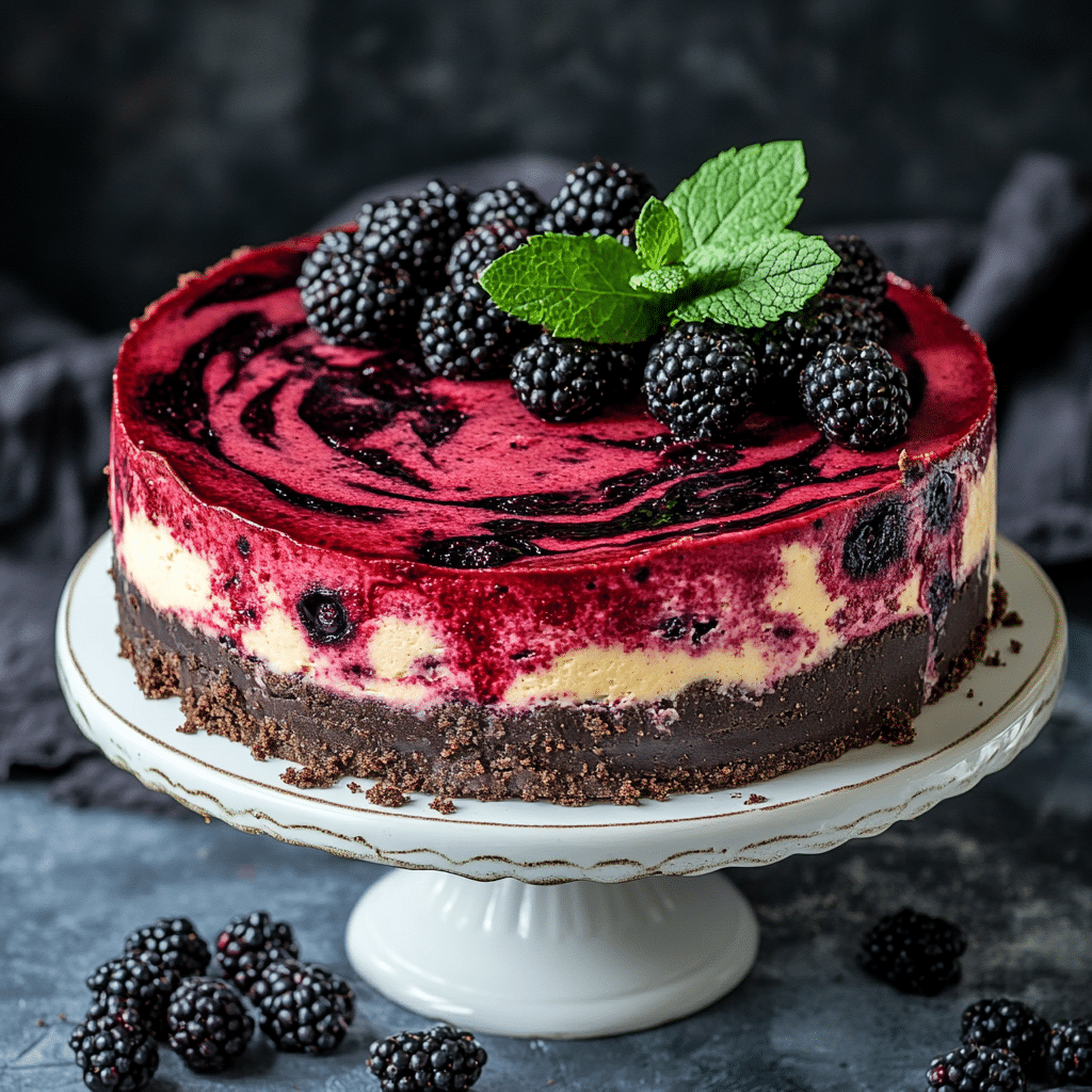 Blackberry Red Velvet Cheesecake with blackberry swirls and chocolate crust