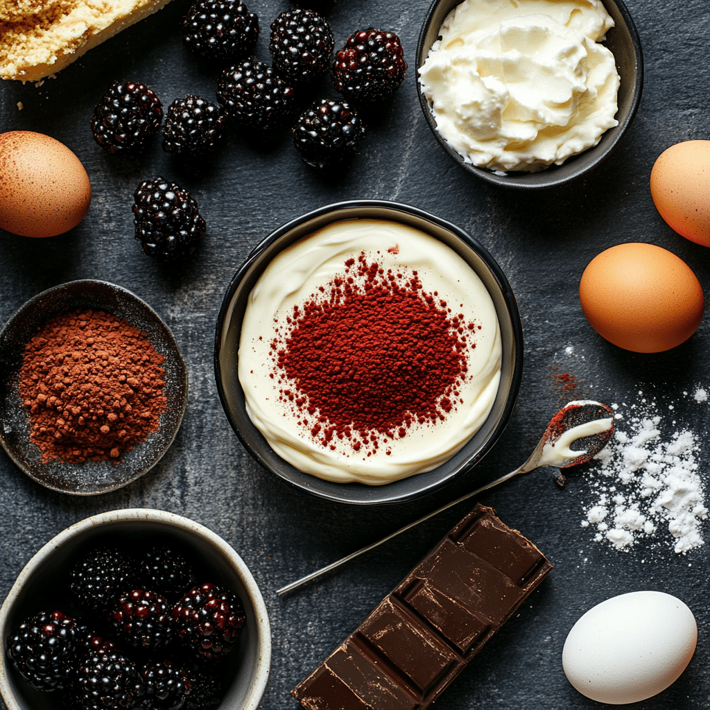 Irresistible Blackberry Red Velvet Cheesecake Recipe for Dessert Lovers 10 Ingredients for Blackberry Red Velvet Cheesecake on prep table