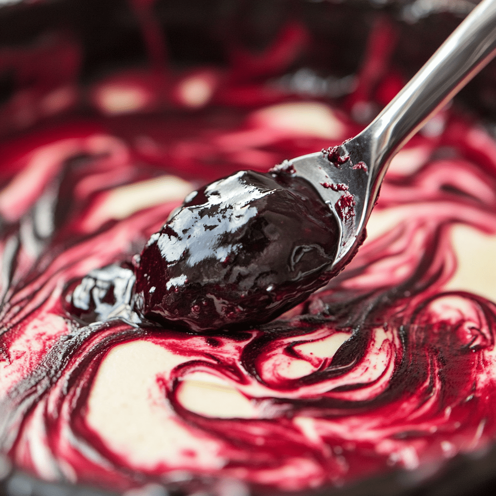 Irresistible Blackberry Red Velvet Cheesecake Recipe for Dessert Lovers 11 Swirling blackberry puree into red velvet cheesecake batter