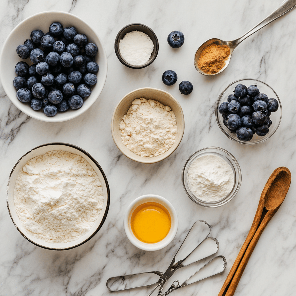 Delightful Blueberry Sour Cream Coffee Cake Recipe for Breakfast Bliss 6 Ingredients for Blueberry Sour Cream Coffee Cake laid out on marble