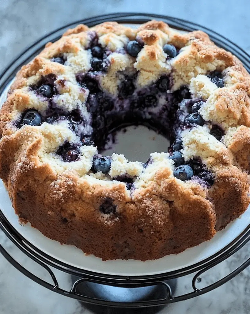 Blueberry Sour Cream Coffee Cake topped with golden streusel