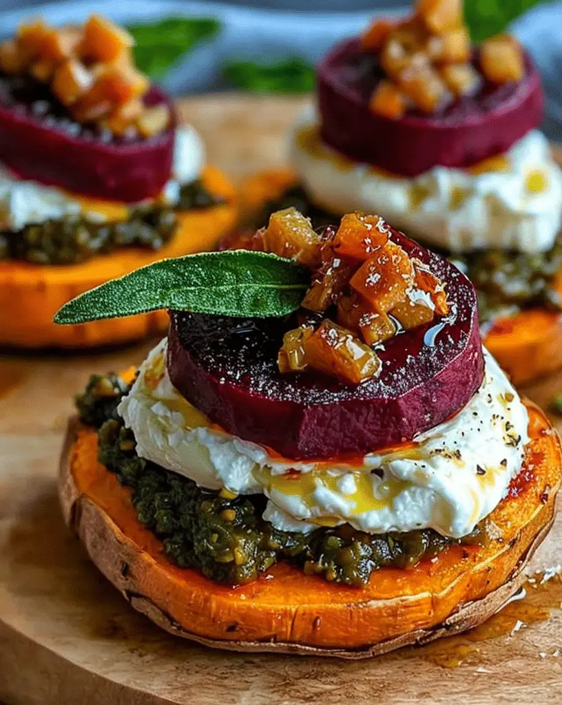 Burrata and beet sweet potato stack with balsamic glaze