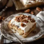 Indulge in Irresistible Butter Pecan Praline Poke Cake Delight 9 Slice of Butter Pecan Praline Poke Cake served with whipped cream