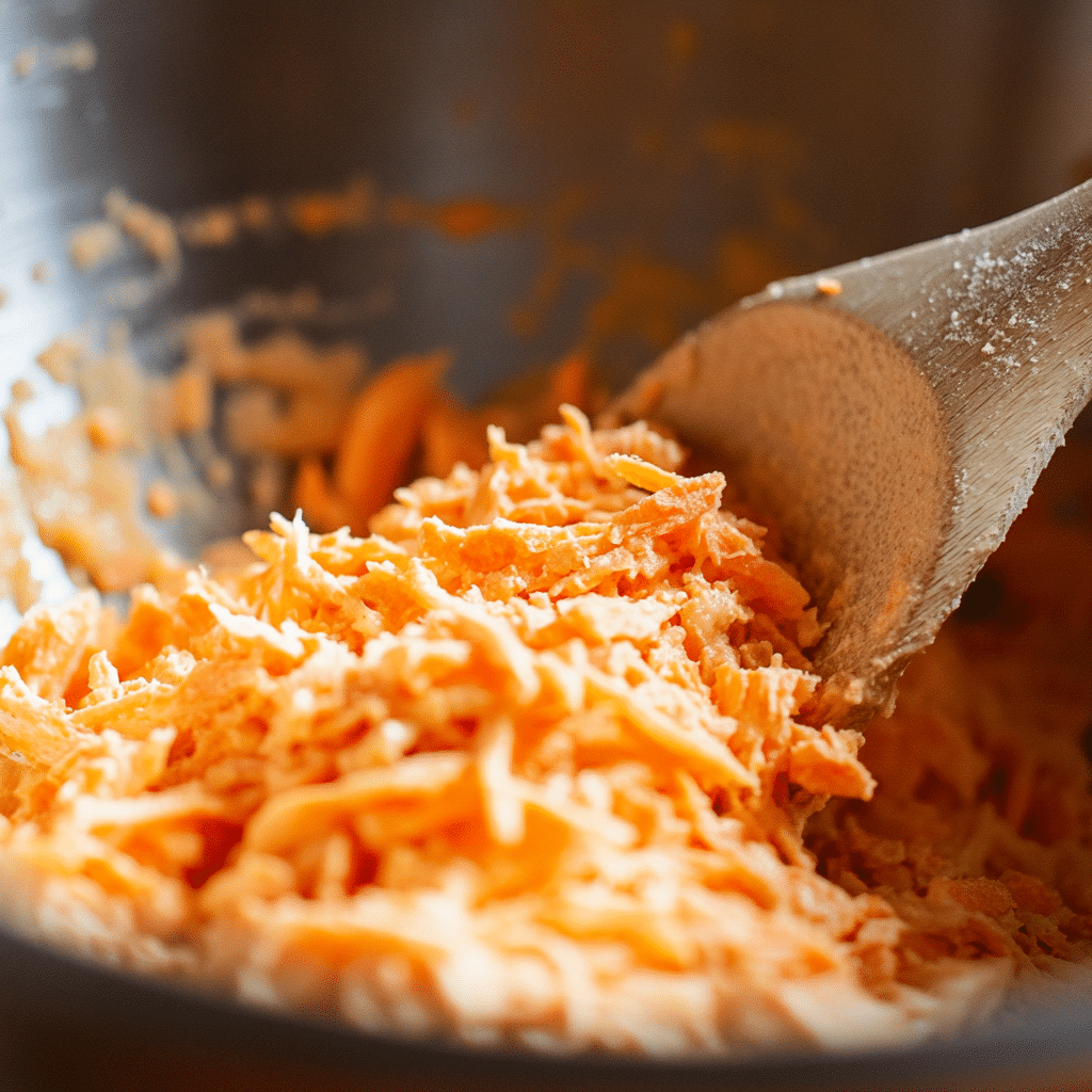 Irresistibly Easy Carrot Cream Cheese Cupcakes for Ultimate Dessert Bliss 11 Folding carrots into batter for Carrot Cream Cheese Cupcakes