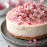 Sakura Japanese cheesecake with cherry blossom petals on top