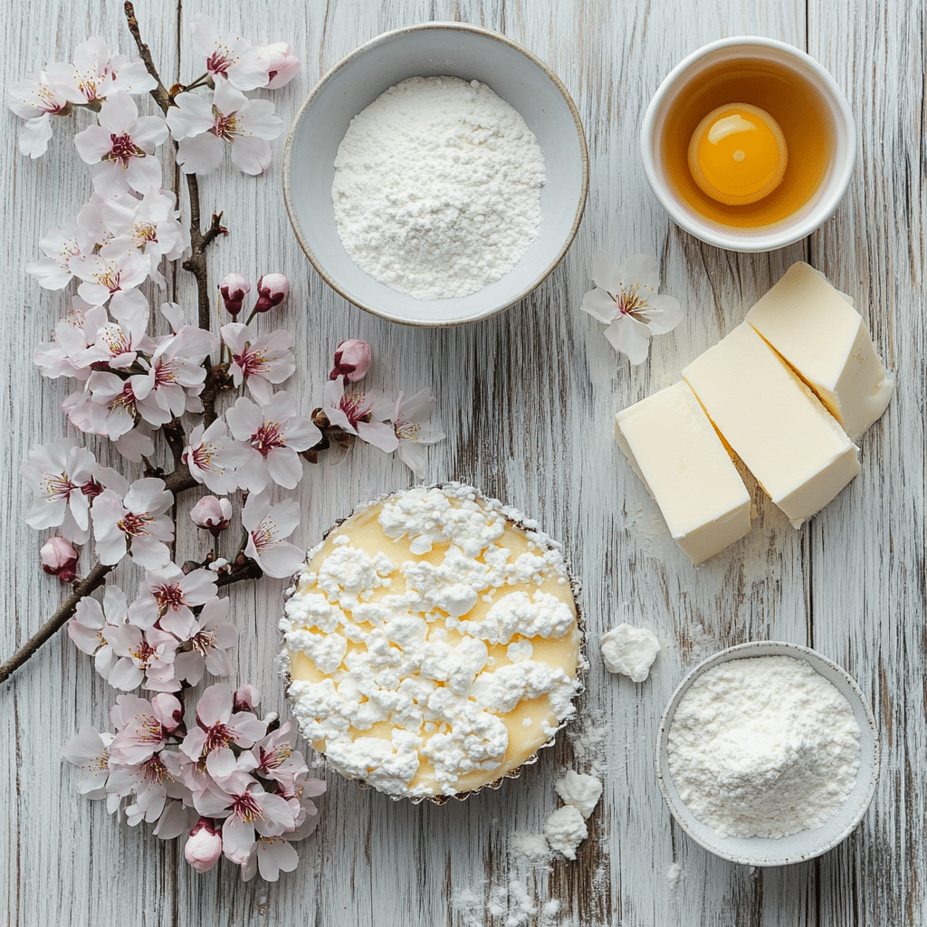 Ingredients for Japanese sakura cheesecake arranged on wood