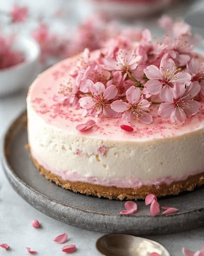 Sakura Japanese cheesecake with cherry blossom petals on top