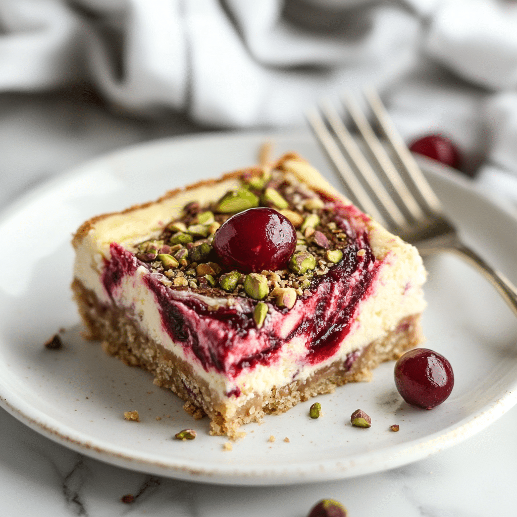 Decadent Cherry Pistachio Cheesecake Bars: A Heavenly Dessert Recipe 6 Cherry Pistachio Cheesecake Bar served on a plate
