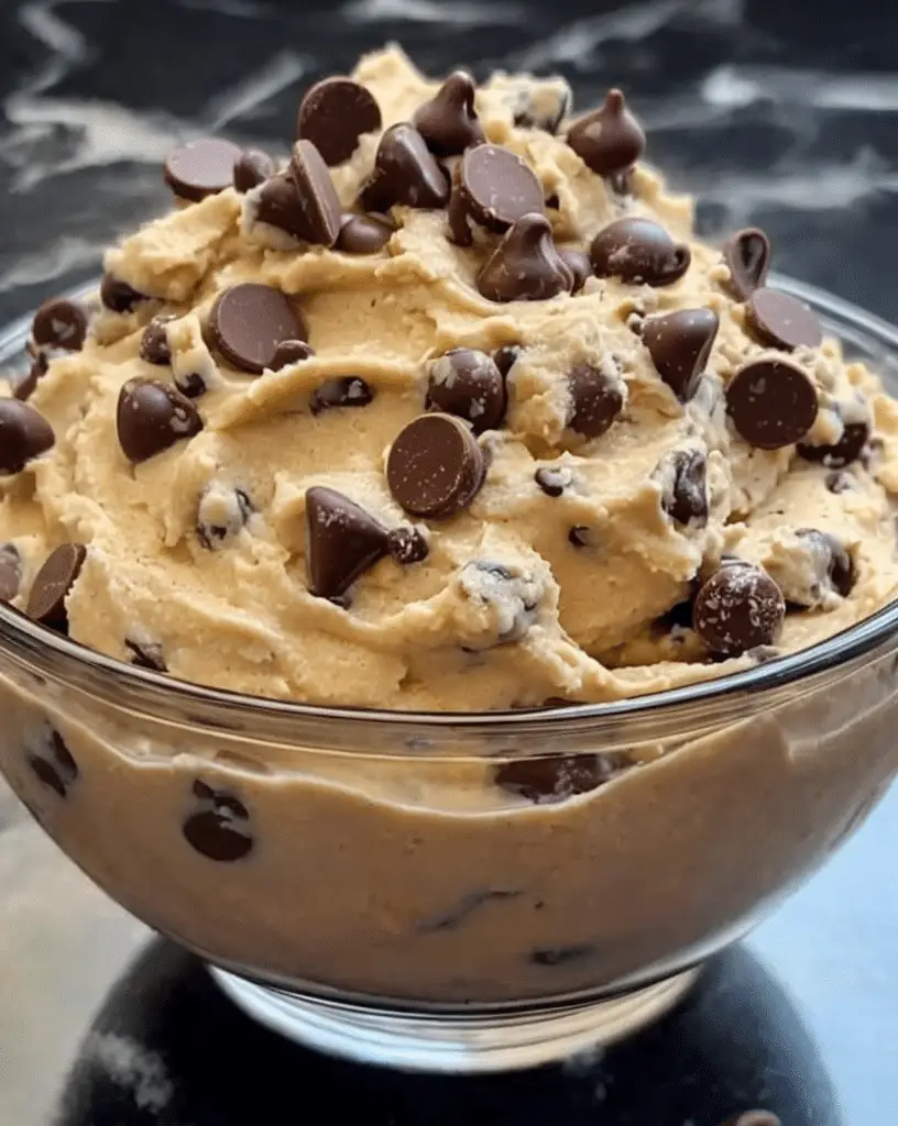 Bowl of chocolate chip cookie dough dip with chocolate chip topping
