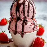 Indulge in Homemade Chocolate Drizzle Strawberry Dream Ice Cream 5 Bowl of chocolate drizzle strawberry dream ice cream with fudge swirl