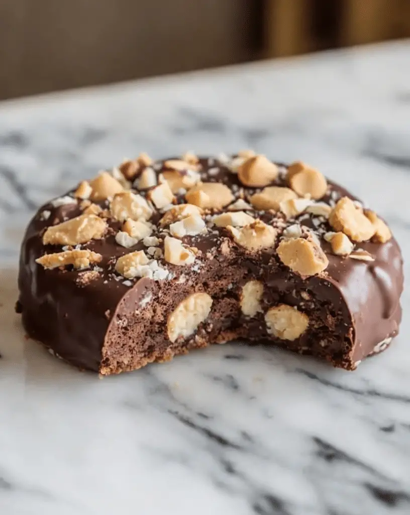 Chocolate Hazelnut Crunch Cookies stacked with melted chocolate