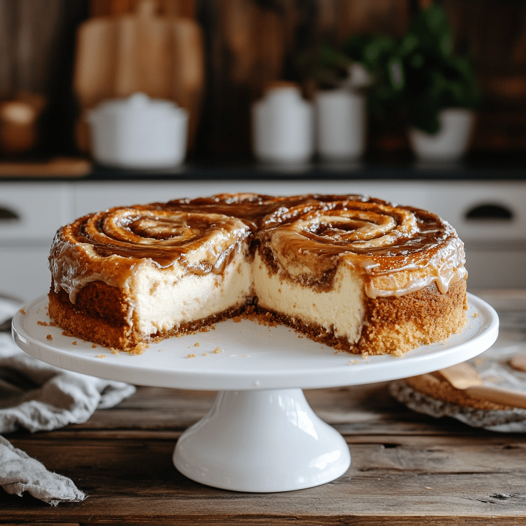 Cinnamon Roll Cheesecake with swirls and glaze on cake stand