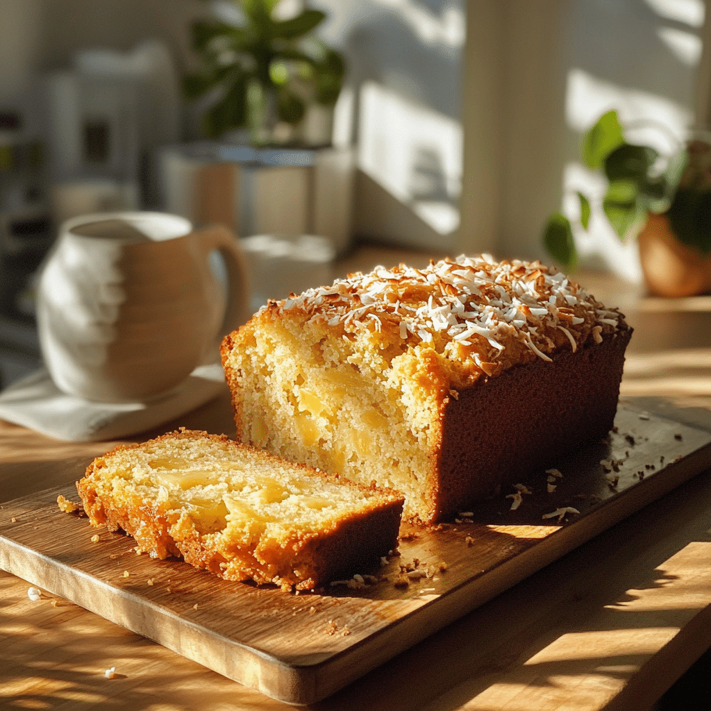 Coconut Pineapple Banana Bread sliced on cutting board