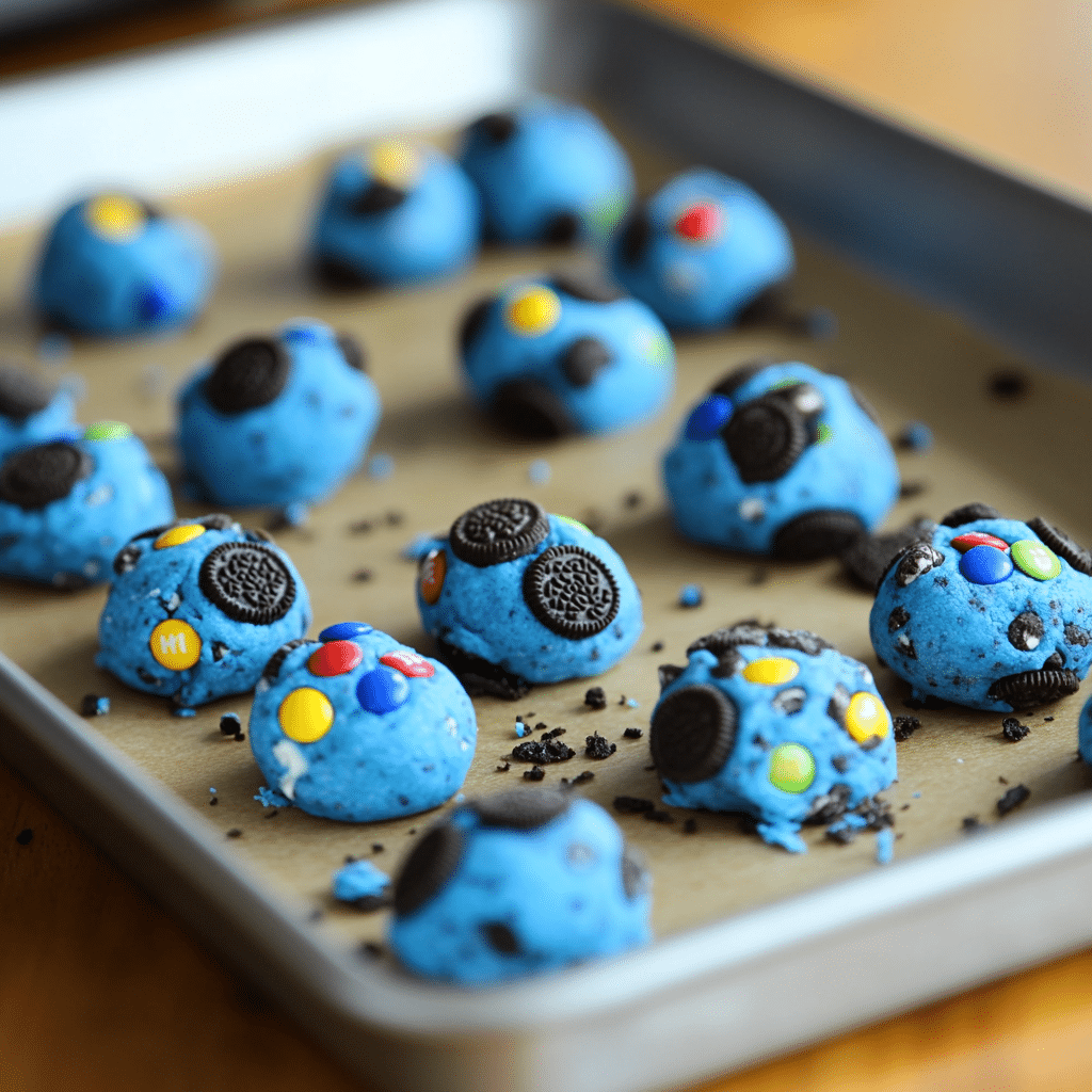 Indulge Your Sweet Tooth with Irresistible Cookie Monster Cookies 11 Blue cookie dough balls with M&M’s and Oreos