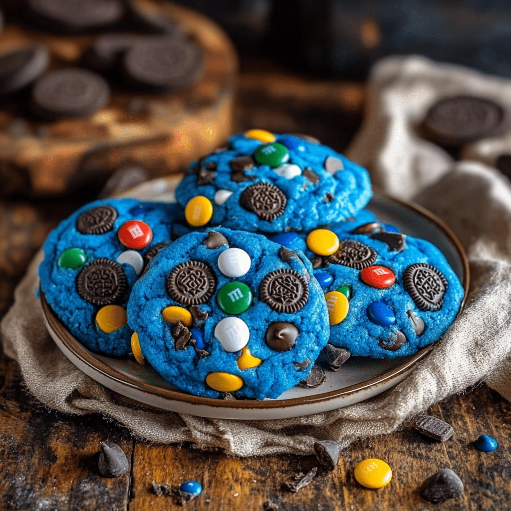 Cookie Monster cookies with Oreos and M&M’s on a plate