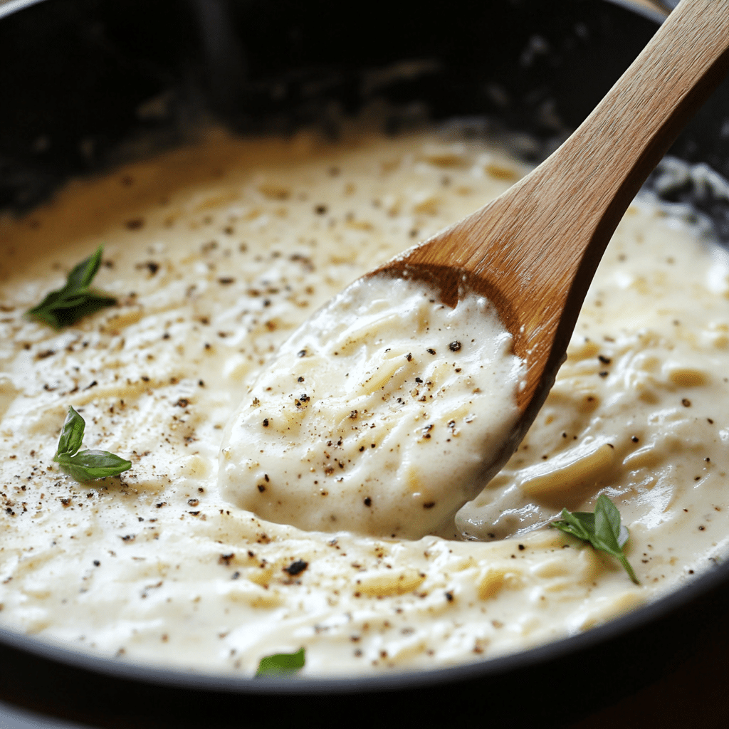 Garlic Butter Chicken with Creamy Parmesan Noodles: Comfort in Every Bite 11 Creamy Parmesan sauce in skillet