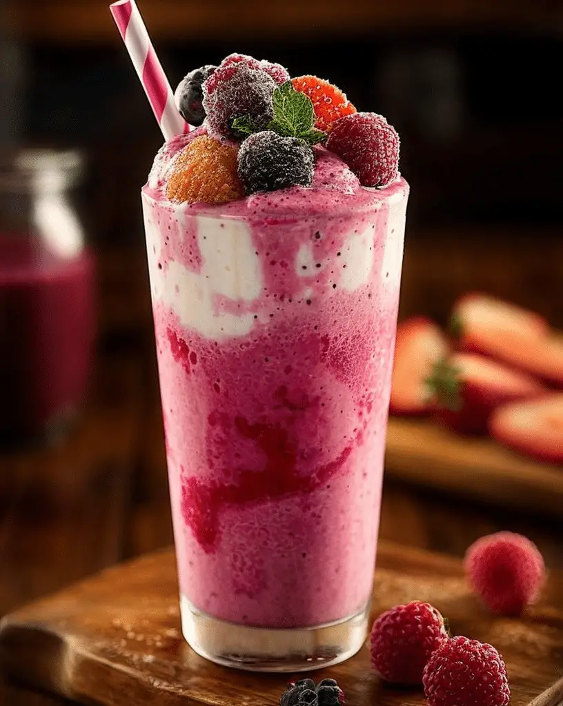 Creamy Fruit Smoothies in tall glass with strawberries