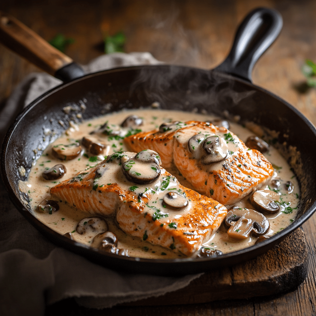 Creamy garlic mushroom salmon in a rustic kitchen