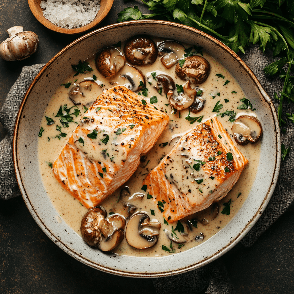 Creamy Garlic Mushroom Salmon Recipe – Rich, Easy & Elegant 12 Creamy garlic mushroom salmon recipe card visual