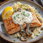 Creamy Garlic Mushroom Salmon Recipe – Rich, Easy & Elegant 9 Plated creamy garlic mushroom salmon with cauliflower rice