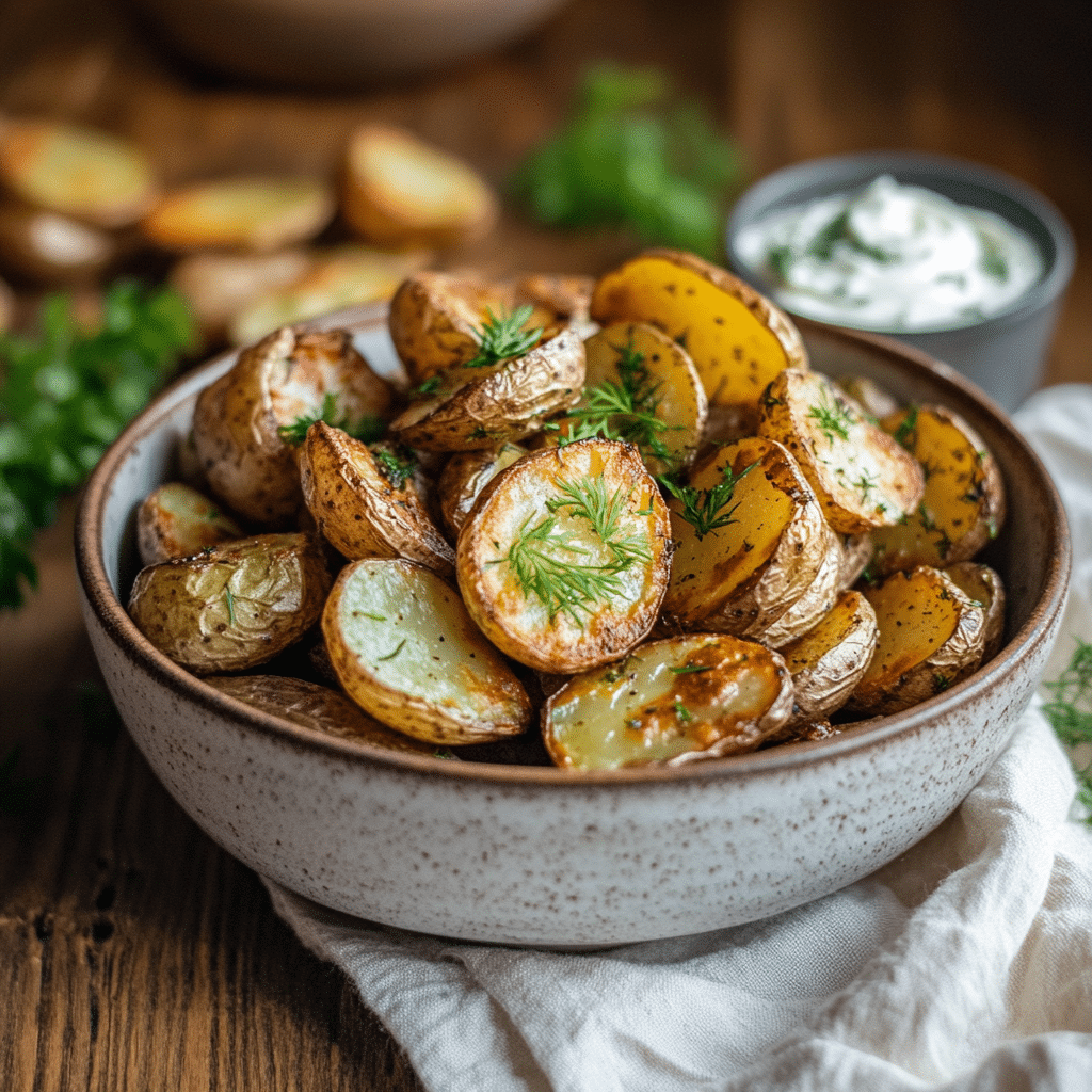 Crispy air fryer sliced potatoes in bowl with dipping sauce