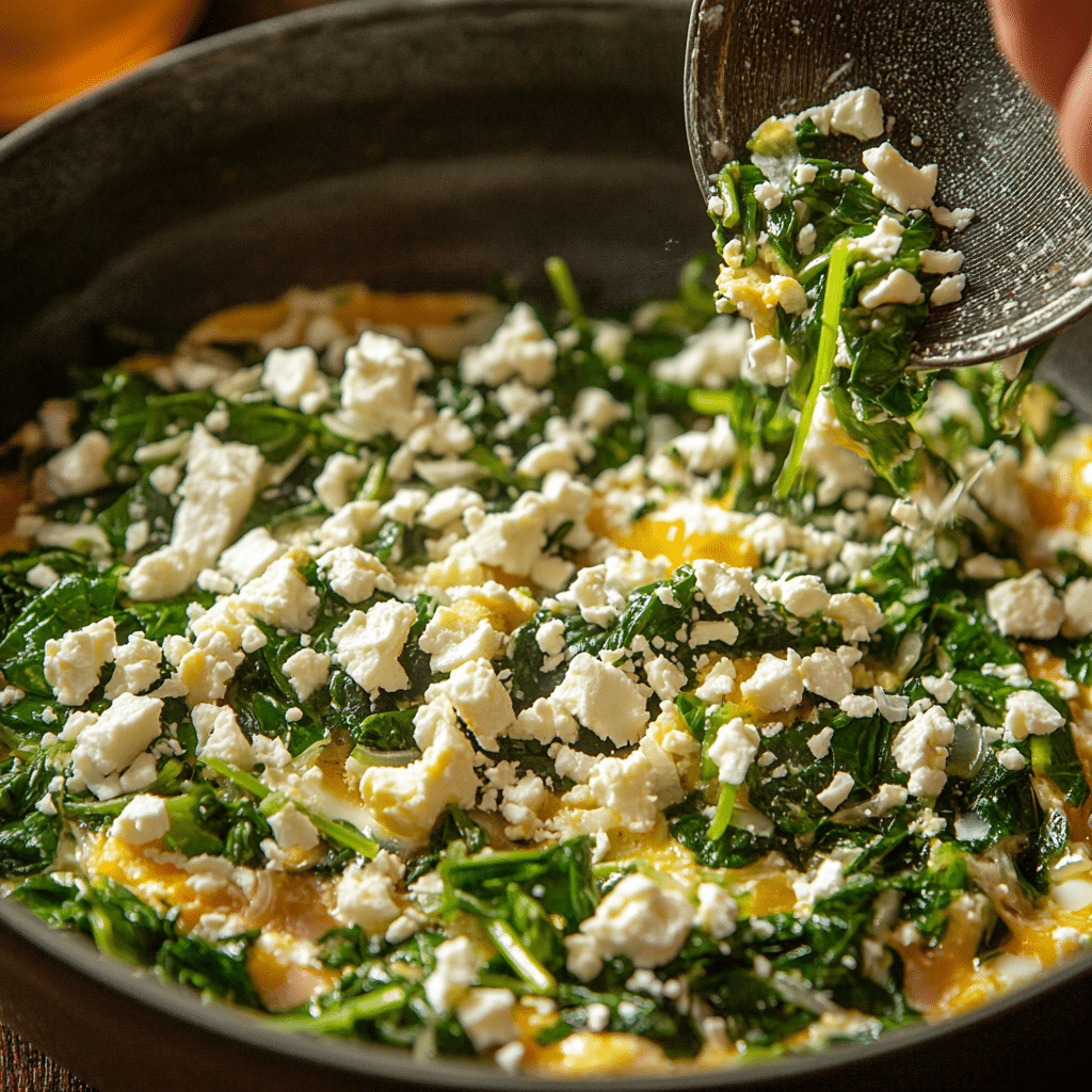 Delicious Crustless Spinach, Onion, and Feta Quiche Recipe Revealed 10 Pouring spinach, onion, and feta egg mixture into pie dish