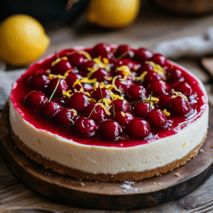 easy cherry lemon cheesecake with cherry topping