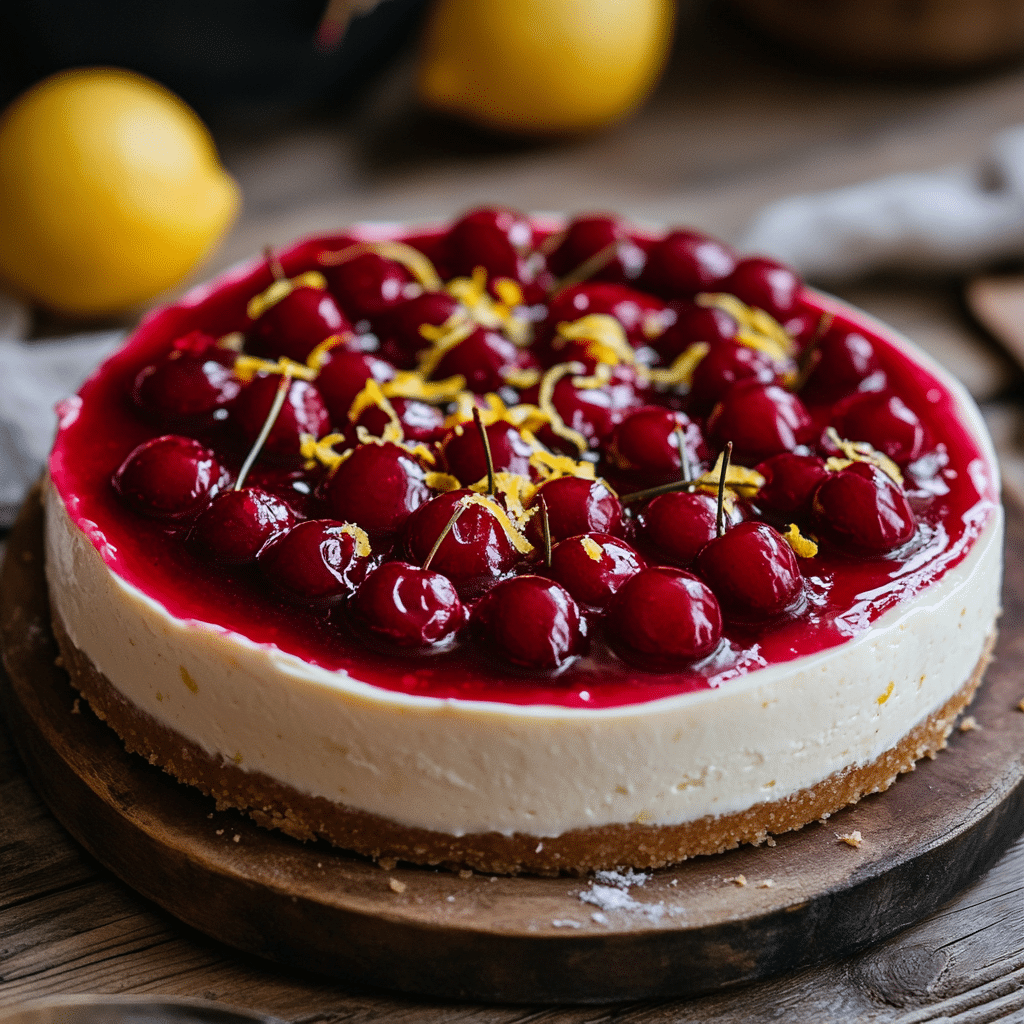 easy cherry lemon cheesecake with cherry topping