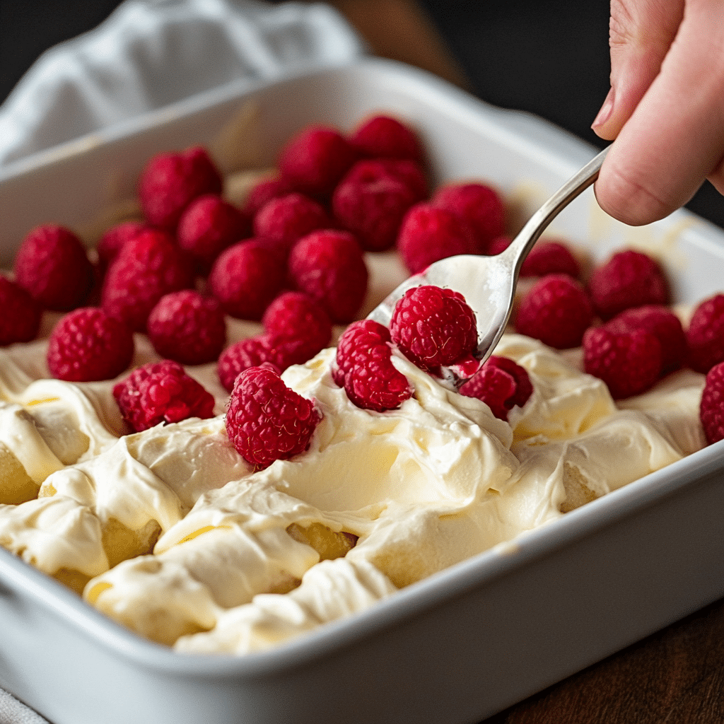 Indulge in a Decadent Twist with Fresh Raspberry Tiramisu Recipe 11 Layering cream and raspberries in Fresh Raspberry Tiramisu