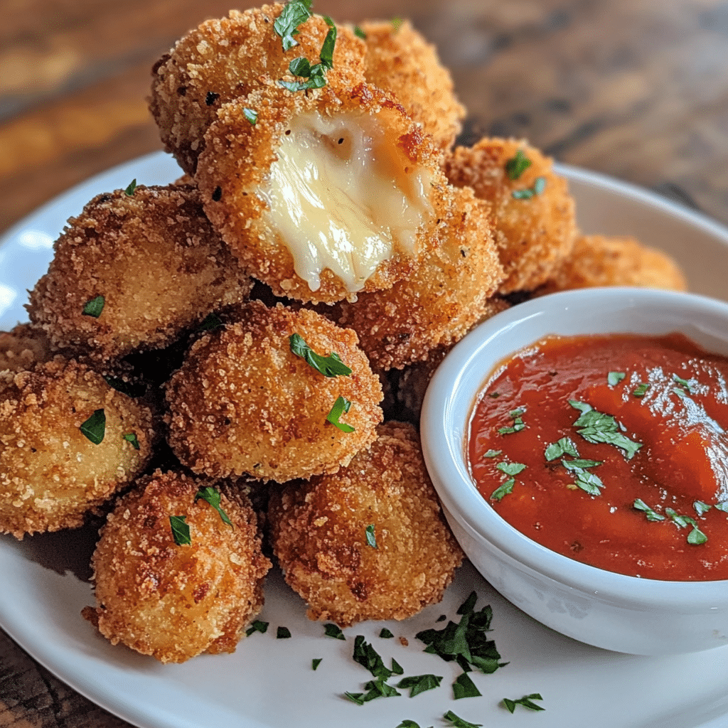 Crispy golden fried cheese bites stacked on a plate with dipping sauce