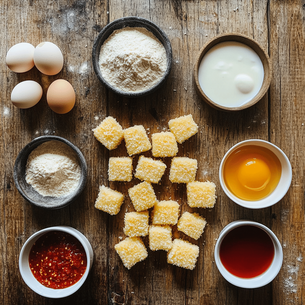 Irresistible Homemade Fried Cheese Bites for Perfect Party Snacks 9 Flat lay of ingredients for Fried Cheese Bites including cheese cubes, eggs, breadcrumbs, and flour