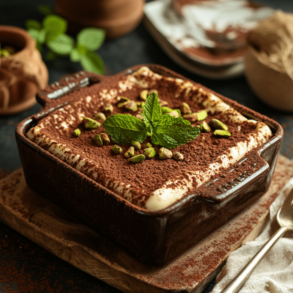 Pistachio Tiramisu Dessert Recipe That’s Luscious, Creamy, and Totally Irresistible 15 Pistachio tiramisu in pan with cocoa powder