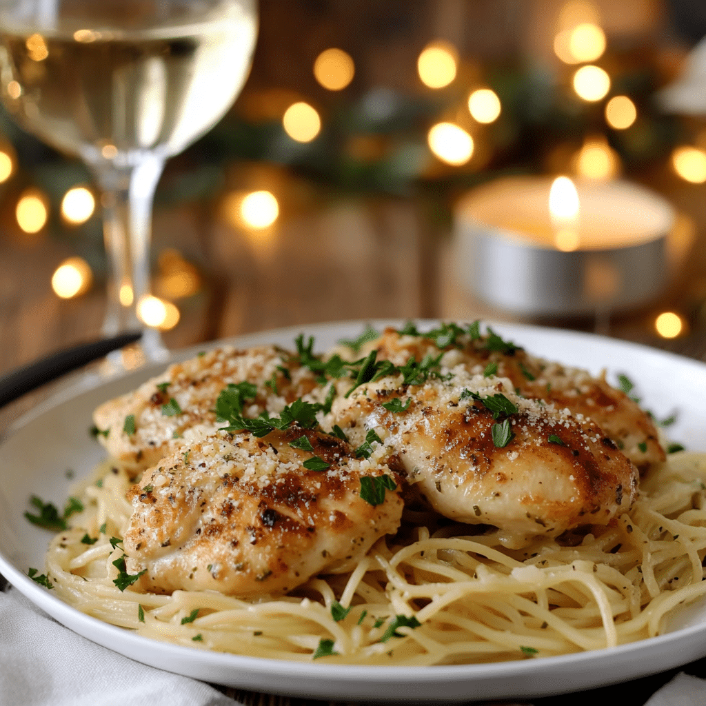 Garlic Butter Chicken with Creamy Parmesan Noodles: Comfort in Every Bite 12 Garlic butter chicken with noodles served at table