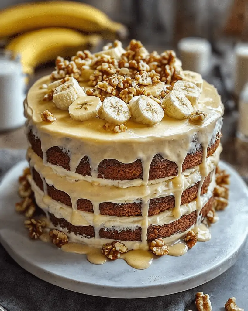 Banana Walnut Cream Cake with cream cheese frosting and walnuts