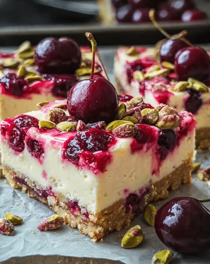 Cherry Pistachio Cheesecake Bars with cherry swirl and pistachio topping