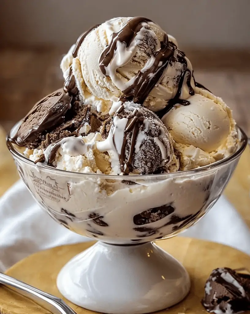Bowl of Moose Tracks Ice Cream with fudge swirl and peanut butter cups