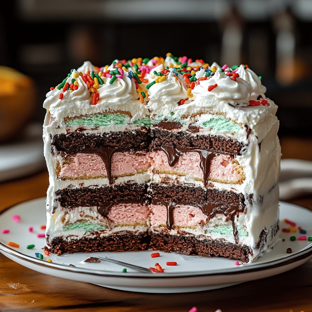 Ice Cream Sandwich Cake with chocolate layers and whipped topping