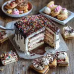 Irresistible Ice Cream Sandwich Cake: The Perfect Summer Dessert 9 Ice Cream Sandwich Cake recipe card with dessert around it