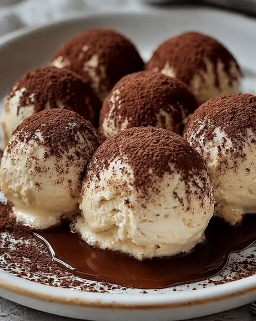 Tiramisu Balls dusted with cocoa powder on a white plate