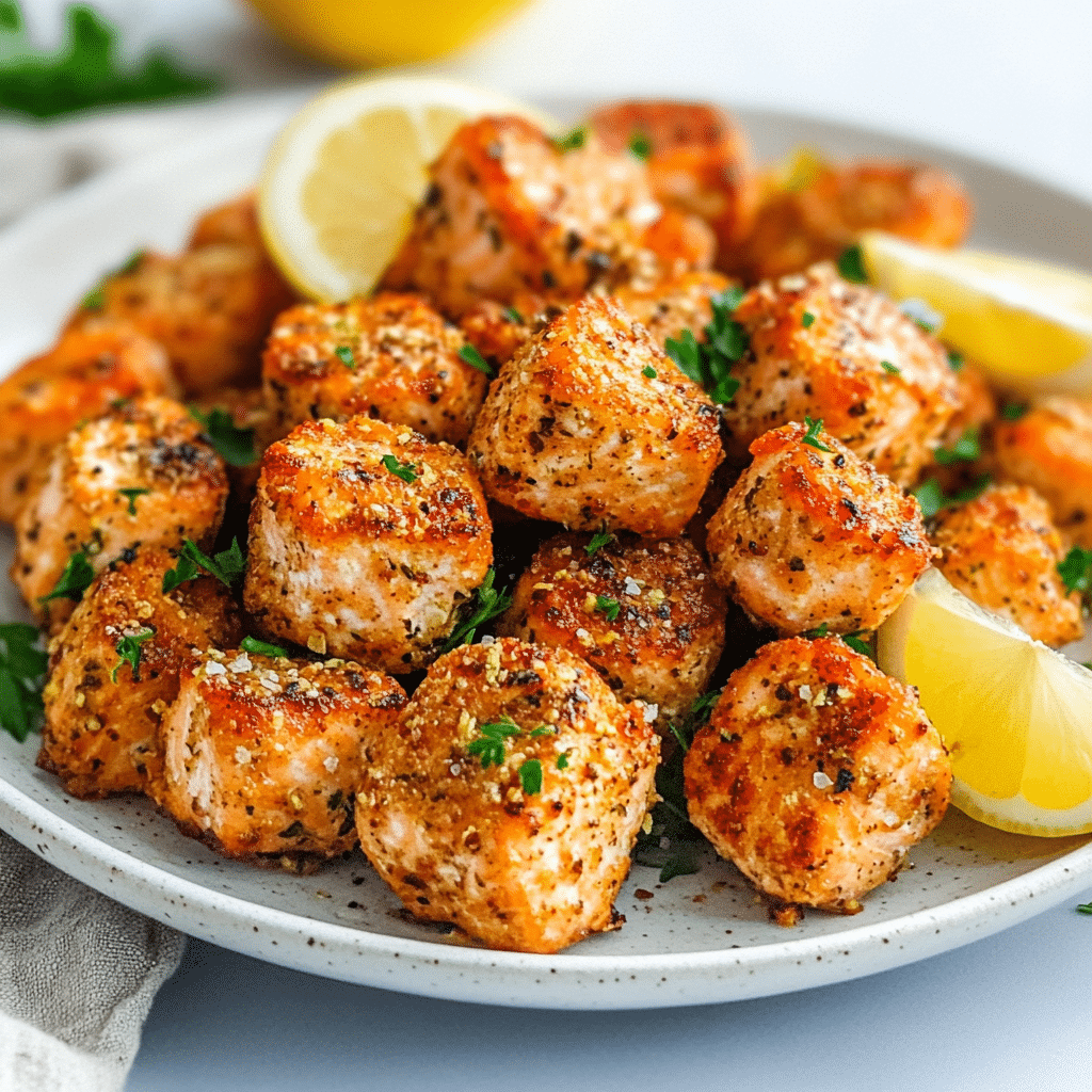 Keto Air Fryer Salmon Bites served with lemon and herbs