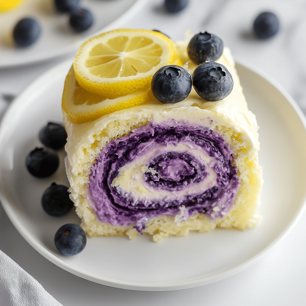 Irresistible Lemon Blueberry Cheesecake Swirl Roll Recipe for Any Occasion 6 Recipe card and slice of Lemon Blueberry Cheesecake Swirl Roll