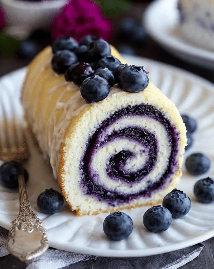 Lemon Blueberry Cheesecake Swirl Roll with blueberry compote and lemon zest